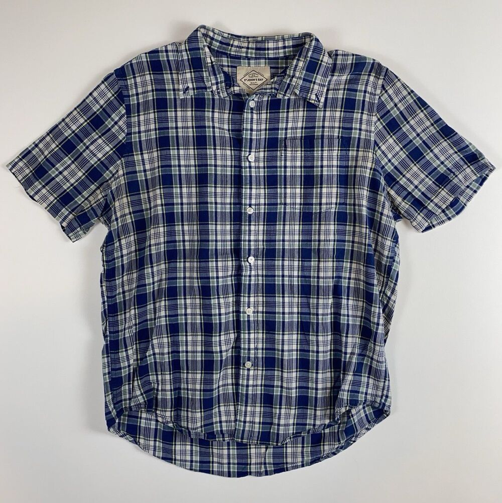 St. John's Bay Men's Short Sleeve Plaid Button Up Shirt Blue Large Streetwear